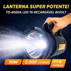 Lanterna T6 30W Recarregável Bivolt Holofote LED 2800 Lumens TD-6000A Super Potente Pesca Trilha