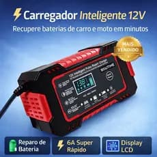 Carregador de Bateria Inteligente 12V 6A Bivolt com LCD e Reparo – Carro Moto Automático