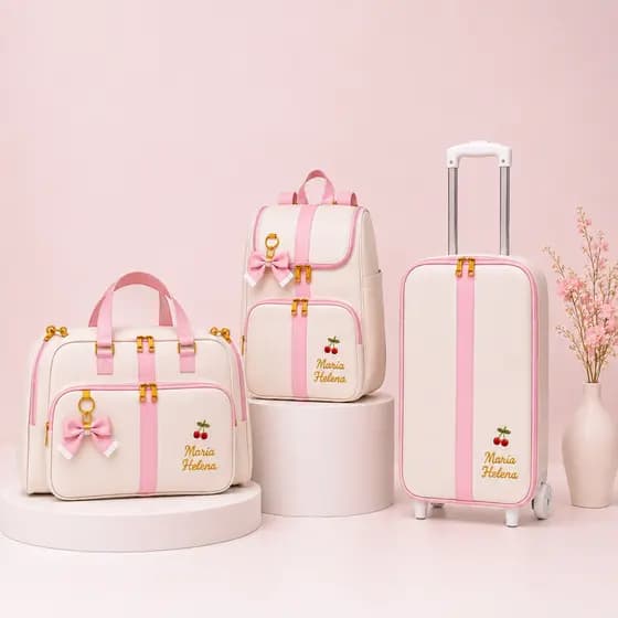 Kit Bolsa Maternidade Luxo Cereja Rosa com Mala de Rodinhas 3 Peças Personalizada