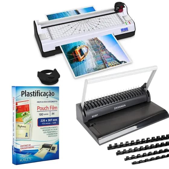 Kit Plastificadora A4 + Plástico Polaseal A4 + Encadernadora Manual
