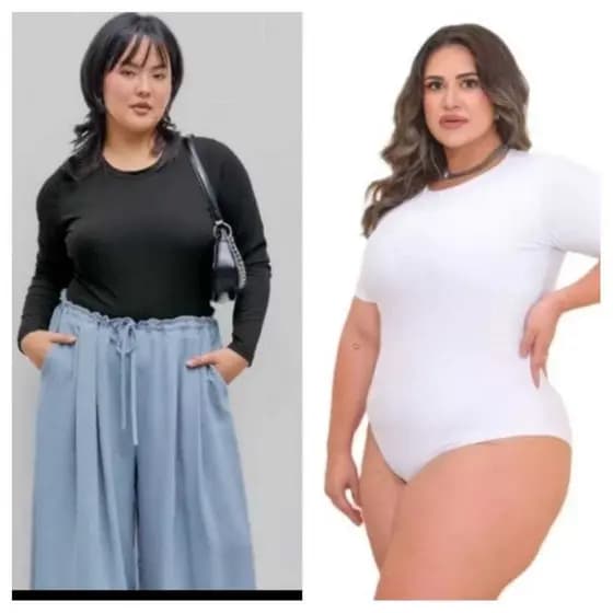 KIT COM 2 BODY FEMININO PLUS SIZE GOLA CARECA UM MANGA LONGA + UM MANGA CURTA