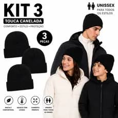Kit 3 Toucas Preta Canelada Básica Inverno de Adulto Infantil Unissex