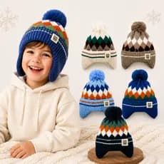 Touca de Tricot Infantil com Protetores de Orelha para Bebês e Crianças Gorro de Lã