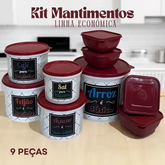 Kit 9 Potes 5 Mantimentos LINHA ECONÔMICA + 4 Marmitas Quadradas 500 ml Vasilhas Herméticas