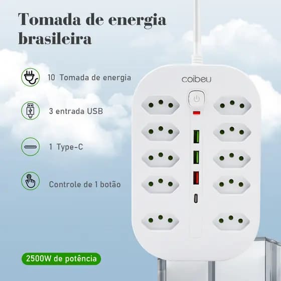 COIBEU Soquete de extensão de segurança com cantos arredondados e quadrados 10 soquetes 3USB 1Type-C