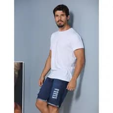 Bermuda Jeans Masculina Short Rasgada Curto em Cima Do Juelho Top