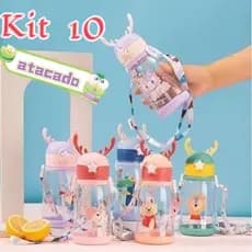 Kit 10 Garrafas Infantil Bebe com Tampa e Canudo e Alça 600ML Chifre