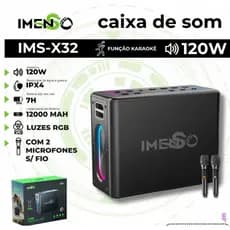 CAIXA DE SOM FUNÇÃO KARAOKÊ 120W COM 2 MICROFONES SEM FIO IMS-X32