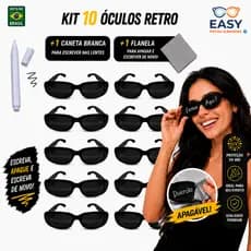 Kit 10 Óculos Festas Retro Preto Tik Tok + Caneta Giz Branco + Flanela