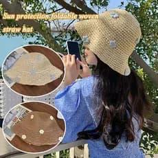 Chapéu De Palha Flor Oco Dobrável Casual Ao Ar Livre À Beira-Mar Feminino Boné De Pescador