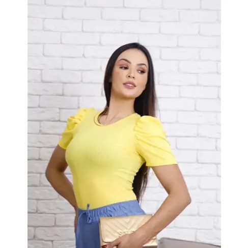 Blusa Feminina Manga Princesa Bufante Tamanho Unico Canelado Poliéster