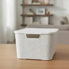 Caixa Organizadora Rattan com Tampa Cesto Multiuso Empilhavel 20 Litros Branco Natural Arqplast