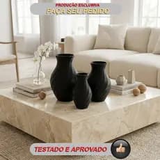 Kit 3 Vasos Decorativos Modernos Impressão 3D Geométricos Preto Branco Decoração Sala e Escritório