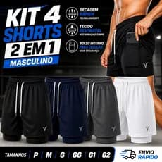 KIT 4 Shorts 2 em 1 DryFit VLS Original Elastano Academia Esporte Treino Masculino