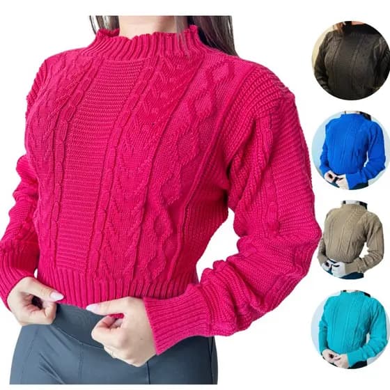 Blusa Cropped de Tricot com Manga Trançada/ Blusa de Frio Feminina de Tricot