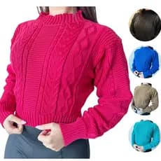 Blusa Cropped de Tricot com Manga Trançada/ Blusa de Frio Feminina de Tricot