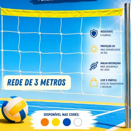 Rede de Vôlei 3 Metros com Faixa Superior Reforçada | Fácil Instalação | Ideal para Praia, Quadra e Lazer