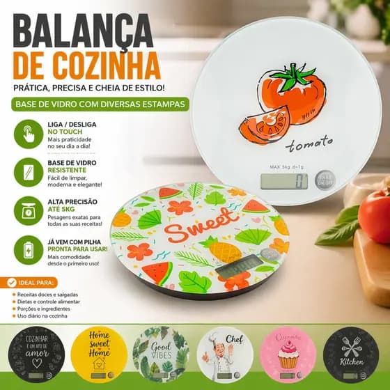 Balança digital de cozinha 5kg de vidro, Visor em LCD, ON/OFF 100% touch,  (Dieta, Receitas)