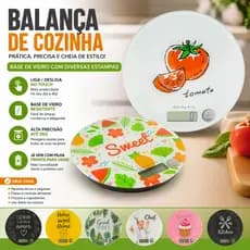 Balança digital de cozinha 5kg de vidro, Visor em LCD, ON/OFF 100% touch,  (Dieta, Receitas)