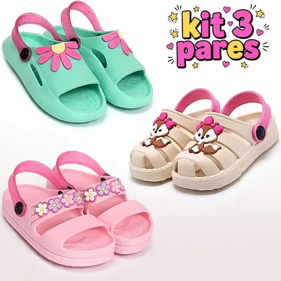 Kit 3 Pares Sandália Papete Menina Infantil Criança Leve Flexível
