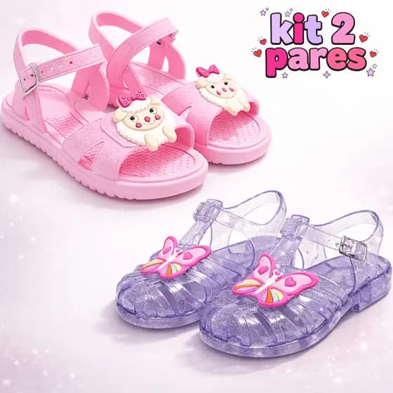 Kit 2 Pares Sandália Feminina Infantil Papete Rasteirinha Menina Anatômica Leve e Confortável