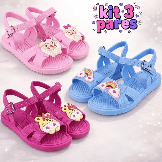Kit 3 Pares Sandália Papete Infantil Menina Rasteirinha Feminina Leve e Confortável