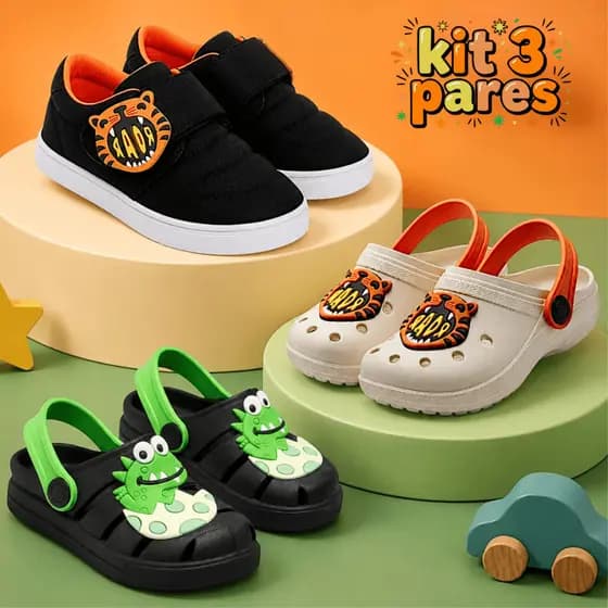 Kit 3 Pares Tênis Masculino Infantil e Sandália Babuche Menino