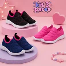 Kit Com 3 e 2 Pares Tênis Infantil Menina Calce Fácil Leve e Macio