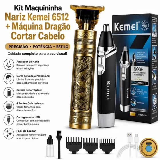 Kit Maquina Kemei KM-6512 Aparador Nariz + Máquina Dragão Profissional Barba Cabelo USB