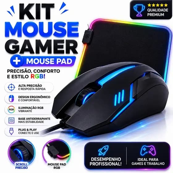 Kit Mouse Gamer + Mouse Pad Led Kit Gamer LED Iluminado RGB Para Jogos 1200DPI