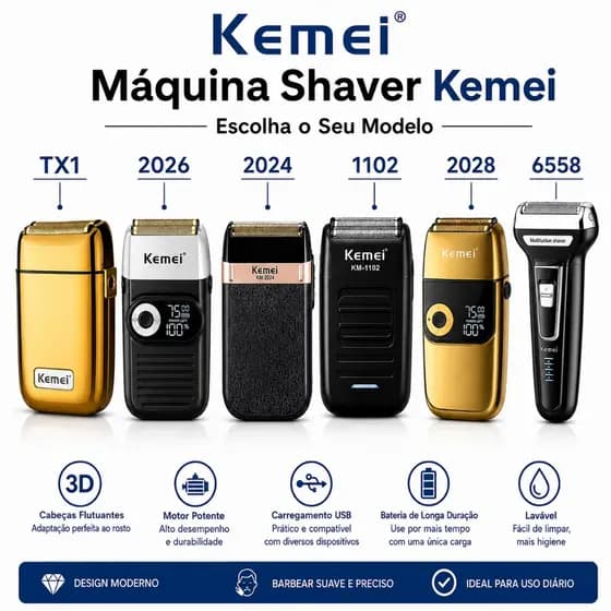 Kemei Shaver TX1 2024 1102 2026 2028 Máquina Acabamento Barbeador Barba Recarregável Sem Fio Pelo