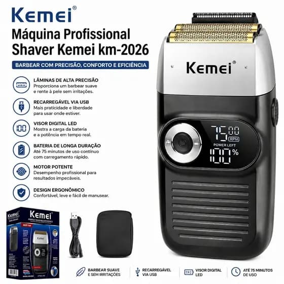 Máquina Shaver Kemei KM-2026 Barbeador Elétrico Profissional Sem Fio Recarregável LCD