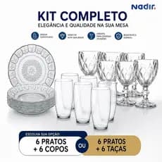 Kit 6 Copos ou Taça De Vidro + 6 Pratos Fundos Vidro Resistente Mesa Jogo Cozinha Refeição Decoração