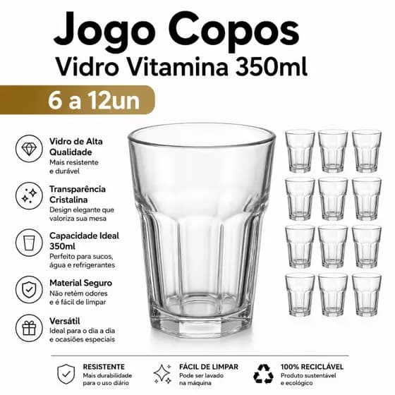 Jogo Copos Vidro 350ml Kit 6 ou 12 Ideal Para Suco, Água, Drinks, Vitaminas Vidro Resistente