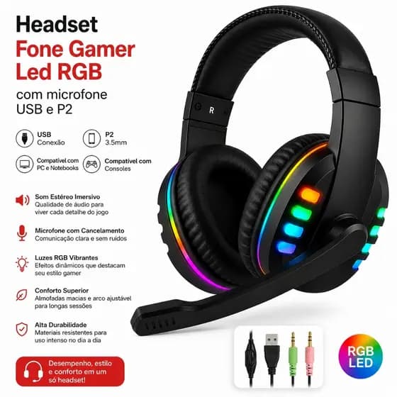 Headset Fone Gamer Led RGB com microfone USB e P2 Para PC Computador Headphone Videogame