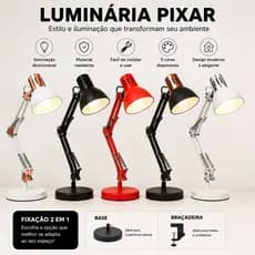 Luminária de Mesa Pixar Escritório Abajur Articulada Com Garra E Base Preto Branca 110v/220v