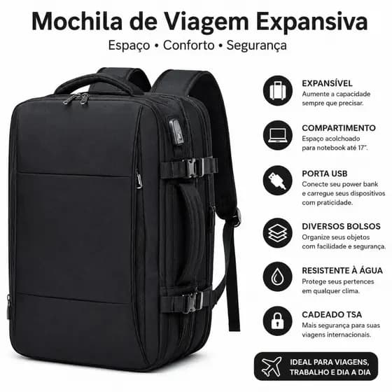 Mochila de Viagem Expansiva MascuIina e Feminina ImpermeaveI Reforçada Executiva Notebook Com Senha