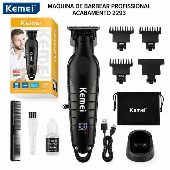 Máquina de Acabamento Kemei KM-2293 Profissional Sem Fio para Barba Cabelo Display Digital 3 Pentes