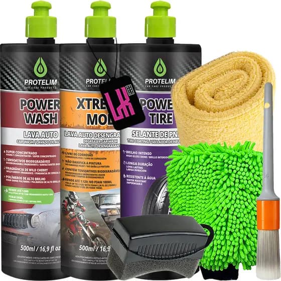 Kit Lavagem Automotiva Protelim Xtreme Mol Power Wash Protelim Shampoo Selante Pneu Pretinho