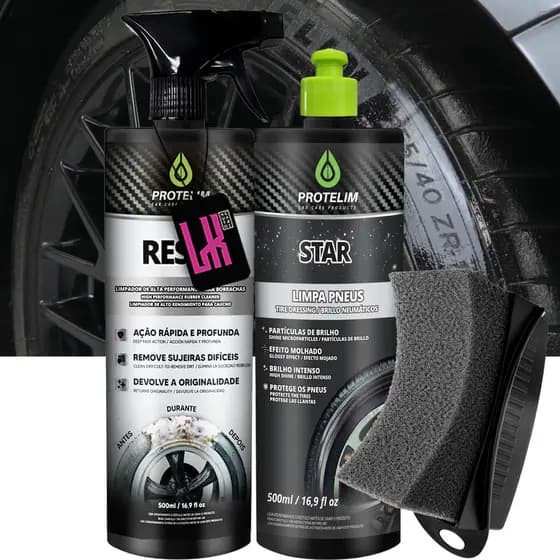 Kit Reset Star 500ml Protelim Limpa Pneu Pretinho Brilho Intenso Com Glitter Renova Borracha
