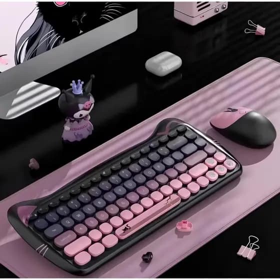 Conjunto temático de teclado e mouse sem fio com tema de gato, em um lindo tom de rosa fofo e de tamanho grande.