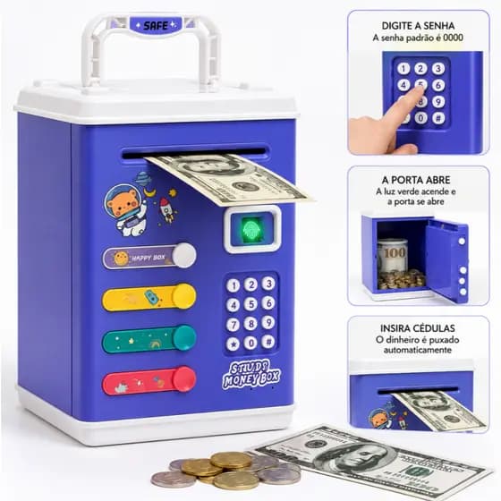 Cofre eletrônico digital com senha e funcionamento a pilha, adequado para guardar notas e moedas.