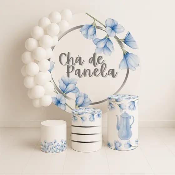 Kit Capas Painel Redondo + Cilindros Decoração Chá De Panela Flores Azuis REF 220