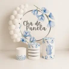 Kit Capas Painel Redondo + Cilindros Decoração Chá De Panela Flores Azuis REF 220