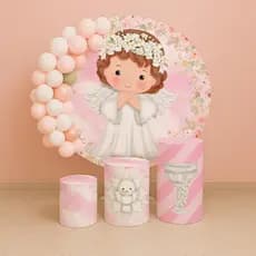 Kit Capas Painel Redondo + Cilindros Decoração Batizado Anjo Menina REF 225