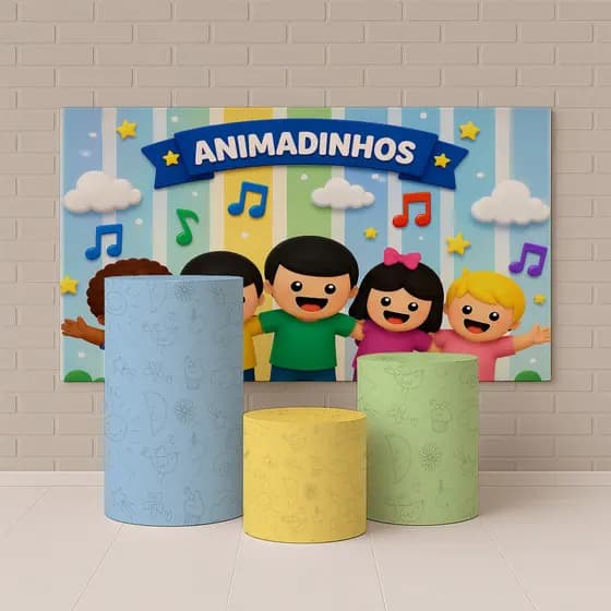 Kit Capas Painel Redondo Horizontal e Vertical + 3 Capas Cilindro Animadinhos Infantil REF 322