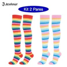 🧦Kit 2 e 3 Pares meias femininas Meias Listradas Coloridas Divertidas Conforto 🌈
