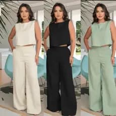 Conjunto alfaiataria Linho feminino Calça Pantalona + blusa regata social luxo Elegante Chique