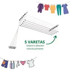 Varal de teto aço branco grande 120cm x 38cm 15kg 5 varetas resistente reforçado + kit de instalação