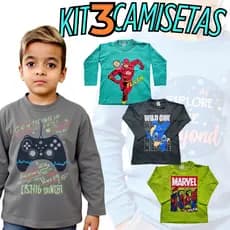 Kit 03 Camisetas Infantil MANGA LONGA 100% Algodão 30.1 Menino masculino